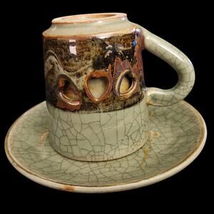 Vintage Japanese Crackle Stoneware Cup and Saucer Set Hearts Design Set of 2